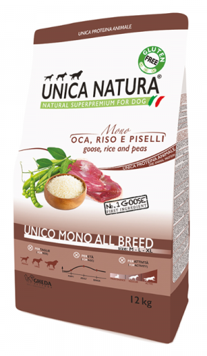 Сухой монобелковый гипоаллергенный корм Unica Natura Mono All breed Dog собак средних и крупных пород (Гусь)